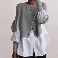 Women Fashion Casual Stitching Knitted Sweater Fake Two-Piece Long-Sleeve Blouse Women Fashion Casual Stitching Knitted Sweater Fake Two-Piece Long-Sleeve Blouse