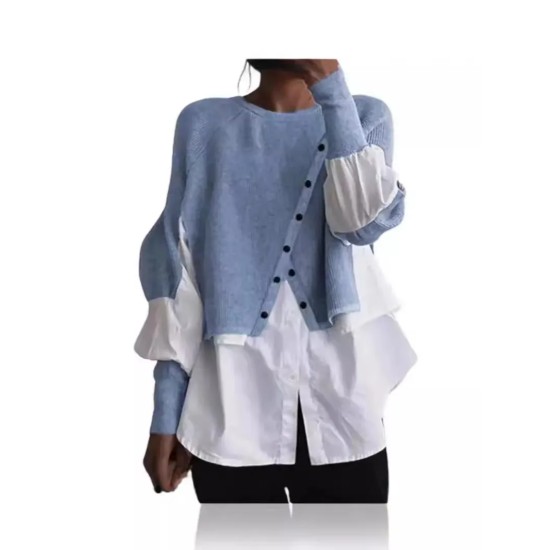 Women Fashion Casual Stitching Knitted Sweater Fake Two-Piece Long-Sleeve Blouse Women Fashion Casual Stitching Knitted Sweater Fake Two-Piece Long-Sleeve Blouse