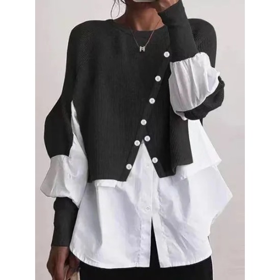 Women Fashion Casual Stitching Knitted Sweater Fake Two-Piece Long-Sleeve Blouse Women Fashion Casual Stitching Knitted Sweater Fake Two-Piece Long-Sleeve Blouse