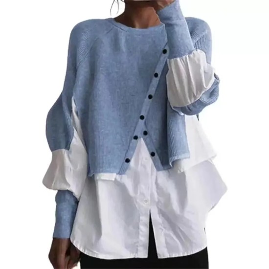 Women Fashion Casual Stitching Knitted Sweater Fake Two-Piece Long-Sleeve Blouse Women Fashion Casual Stitching Knitted Sweater Fake Two-Piece Long-Sleeve Blouse