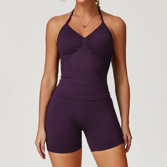 Women Fashion Solid Color Seamless Halter-Neck Camisole Tight Shorts Yoga Sports Two-Piece Set Women Fashion Solid Color Seamless Halter-Neck Camisole Tight Shorts Yoga Sports Two-Piece Set