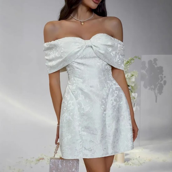 Women Fashion Elegant Solid Color Bowknot Off Shoulder Loose Party Dress Women Fashion Elegant Solid Color Bowknot Off Shoulder Loose Party Dress
