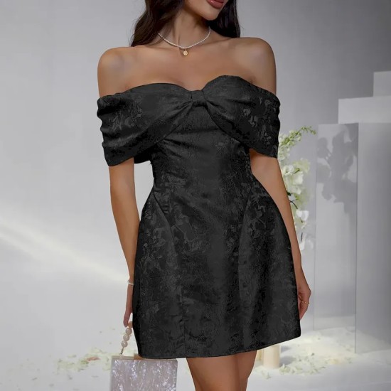 Women Fashion Elegant Solid Color Bowknot Off Shoulder Loose Party Dress Women Fashion Elegant Solid Color Bowknot Off Shoulder Loose Party Dress