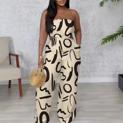 Women Elegant Printed Strapless Wide Leg Pants Women Elegant Printed Strapless Wide Leg Pants