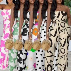 Women Elegant Printed Strapless Wide Leg Pants Women Elegant Printed Strapless Wide Leg Pants