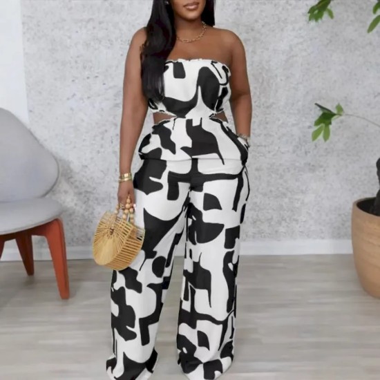 Women Elegant Printed Strapless Wide Leg Pants Women Elegant Printed Strapless Wide Leg Pants
