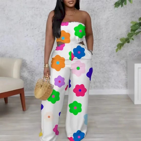 Women Elegant Printed Strapless Wide Leg Pants Women Elegant Printed Strapless Wide Leg Pants