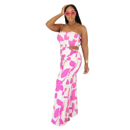 Women Elegant Printed Strapless Wide Leg Pants Women Elegant Printed Strapless Wide Leg Pants