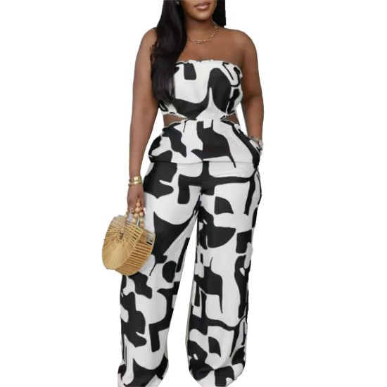 Women Elegant Printed Strapless Wide Leg Pants Women Elegant Printed Strapless Wide Leg Pants
