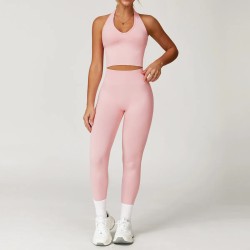 Women Fashion Solid Color Thread Seamless Halter-Neck Tank Top Tight Pants Yoga Sports Two-Piece Set Women Fashion Solid Color Thread Seamless Halter-Neck Tank Top Tight Pants Yoga Sports Two-Piece Set