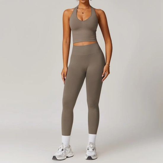 Women Fashion Solid Color Thread Seamless Halter-Neck Tank Top Tight Pants Yoga Sports Two-Piece Set Women Fashion Solid Color Thread Seamless Halter-Neck Tank Top Tight Pants Yoga Sports Two-Piece Set
