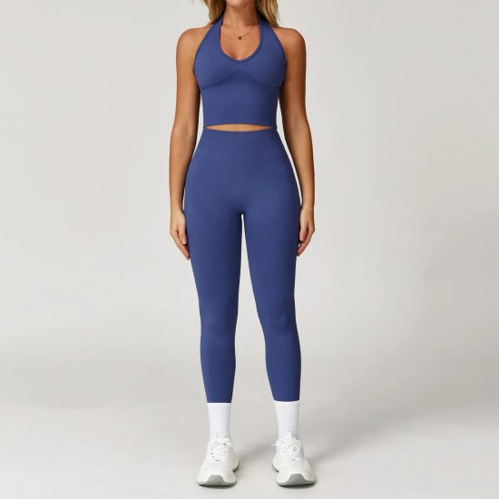 Women Fashion Solid Color Thread Seamless Halter-Neck Tank Top Tight Pants Yoga Sports Two-Piece Set Women Fashion Solid Color Thread Seamless Halter-Neck Tank Top Tight Pants Yoga Sports Two-Piece Set