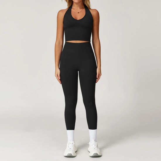 Women Fashion Solid Color Thread Seamless Halter-Neck Tank Top Tight Pants Yoga Sports Two-Piece Set Women Fashion Solid Color Thread Seamless Halter-Neck Tank Top Tight Pants Yoga Sports Two-Piece Set