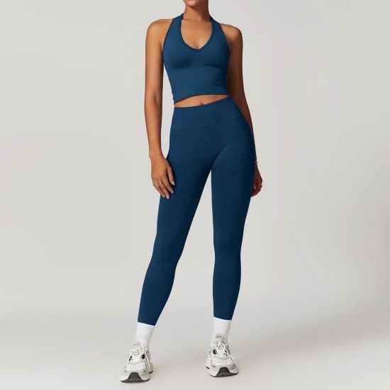 Women Fashion Solid Color Thread Seamless Halter-Neck Tank Top Tight Pants Yoga Sports Two-Piece Set Women Fashion Solid Color Thread Seamless Halter-Neck Tank Top Tight Pants Yoga Sports Two-Piece Set