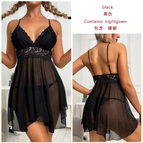 Women Fashion Sexy Deep V Lace Mesh Perspective Sexy Pajamas Women Fashion Sexy Deep V Lace Mesh Perspective Sexy Pajamas