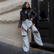 Women Fashion Sexy Stitching Multi-Zipper Hollow-Out Loose Straight Flare Pants Women Fashion Sexy Stitching Multi-Zipper Hollow-Out Loose Straight Flare Pants