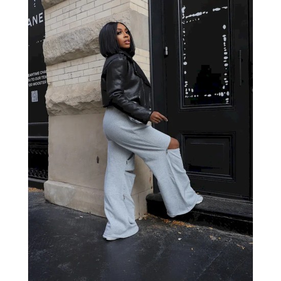 Women Fashion Sexy Stitching Multi-Zipper Hollow-Out Loose Straight Flare Pants Women Fashion Sexy Stitching Multi-Zipper Hollow-Out Loose Straight Flare Pants