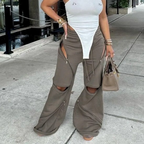 Women Fashion Sexy Stitching Multi-Zipper Hollow-Out Loose Straight Flare Pants Women Fashion Sexy Stitching Multi-Zipper Hollow-Out Loose Straight Flare Pants