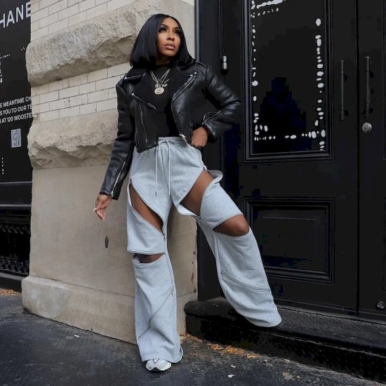 Women Fashion Sexy Stitching Multi-Zipper Hollow-Out Loose Straight Flare Pants Women Fashion Sexy Stitching Multi-Zipper Hollow-Out Loose Straight Flare Pants