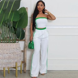 Women Fashion Contrast Stitching Strapless Top And Wide Leg Pants Two-Piece Set Women Fashion Contrast Stitching Strapless Top And Wide Leg Pants Two-Piece Set