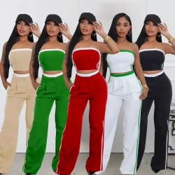 Women Fashion Contrast Stitching Strapless Top And Wide Leg Pants Two-Piece Set Women Fashion Contrast Stitching Strapless Top And Wide Leg Pants Two-Piece Set