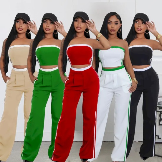 Women Fashion Contrast Stitching Strapless Top And Wide Leg Pants Two-Piece Set Women Fashion Contrast Stitching Strapless Top And Wide Leg Pants Two-Piece Set