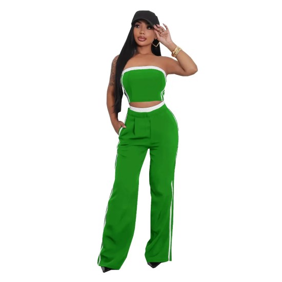 Women Fashion Contrast Stitching Strapless Top And Wide Leg Pants Two-Piece Set Women Fashion Contrast Stitching Strapless Top And Wide Leg Pants Two-Piece Set