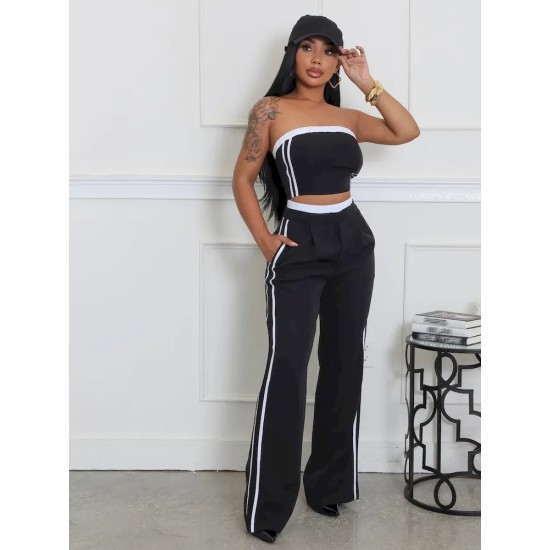 Women Fashion Contrast Stitching Strapless Top And Wide Leg Pants Two-Piece Set Women Fashion Contrast Stitching Strapless Top And Wide Leg Pants Two-Piece Set
