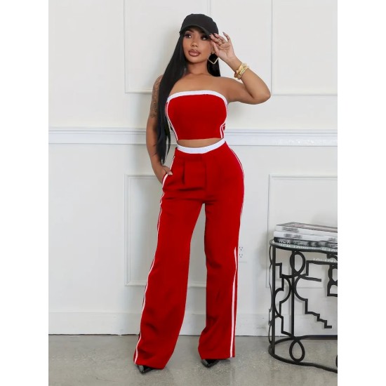 Women Fashion Contrast Stitching Strapless Top And Wide Leg Pants Two-Piece Set Women Fashion Contrast Stitching Strapless Top And Wide Leg Pants Two-Piece Set