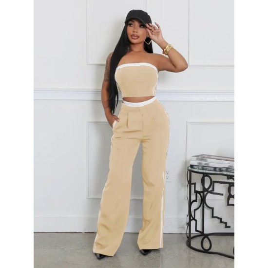 Women Fashion Contrast Stitching Strapless Top And Wide Leg Pants Two-Piece Set Women Fashion Contrast Stitching Strapless Top And Wide Leg Pants Two-Piece Set