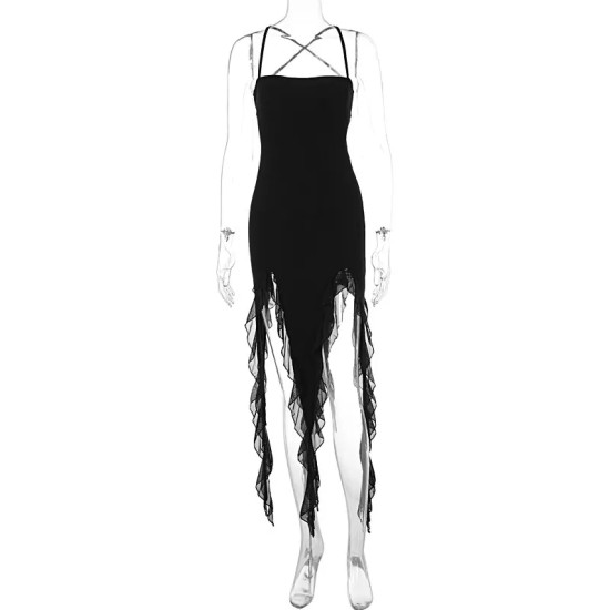 Women Fashion Sexy Mesh Irregular Solid Color Spaghetti Strap Backless Ruffled Dress Women Fashion Sexy Mesh Irregular Solid Color Spaghetti Strap Backless Ruffled Dress