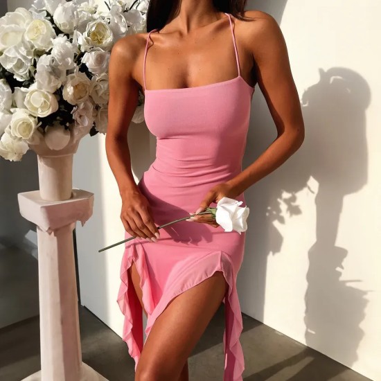 Women Fashion Sexy Mesh Irregular Solid Color Spaghetti Strap Backless Ruffled Dress Women Fashion Sexy Mesh Irregular Solid Color Spaghetti Strap Backless Ruffled Dress